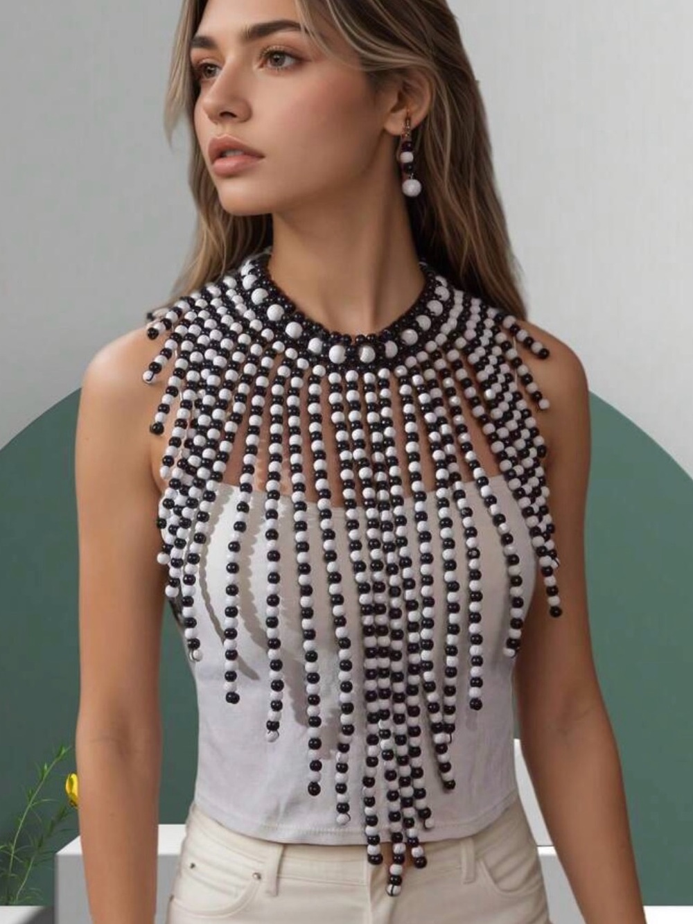 New Black & White Beaded Fringe Maximalist Statement Necklace